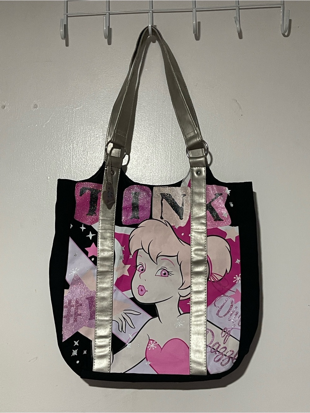 Vintage Disney Y2K Tinker Bell "Tink" Black Canvas Tote Bag Pink Graphic
